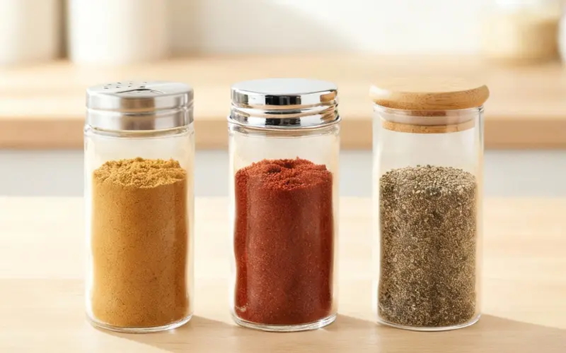 [Different spice jar lid types including shaker lids screw caps and bamboo lids