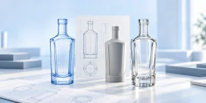 Conceptual progression from AI bottle design through engineering review to a manufacturable glass bottle
