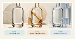 Three glass bottle project routes: existing bottle design, existing bottle with decoration, and custom-tooling review